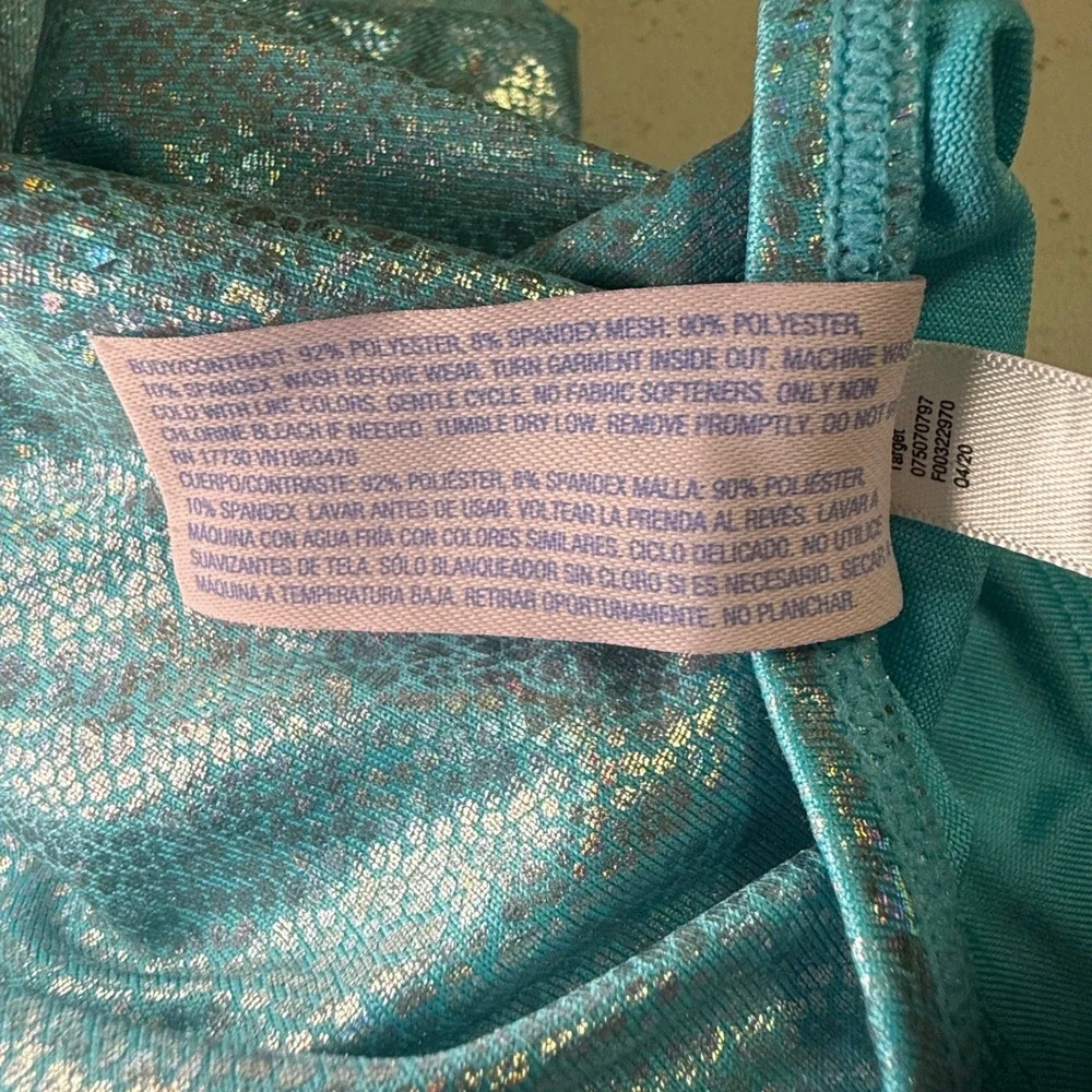 More Than Magic Girls Teal Shimmer Foil Gymnastics Leotard Crisscross Back M 7/8